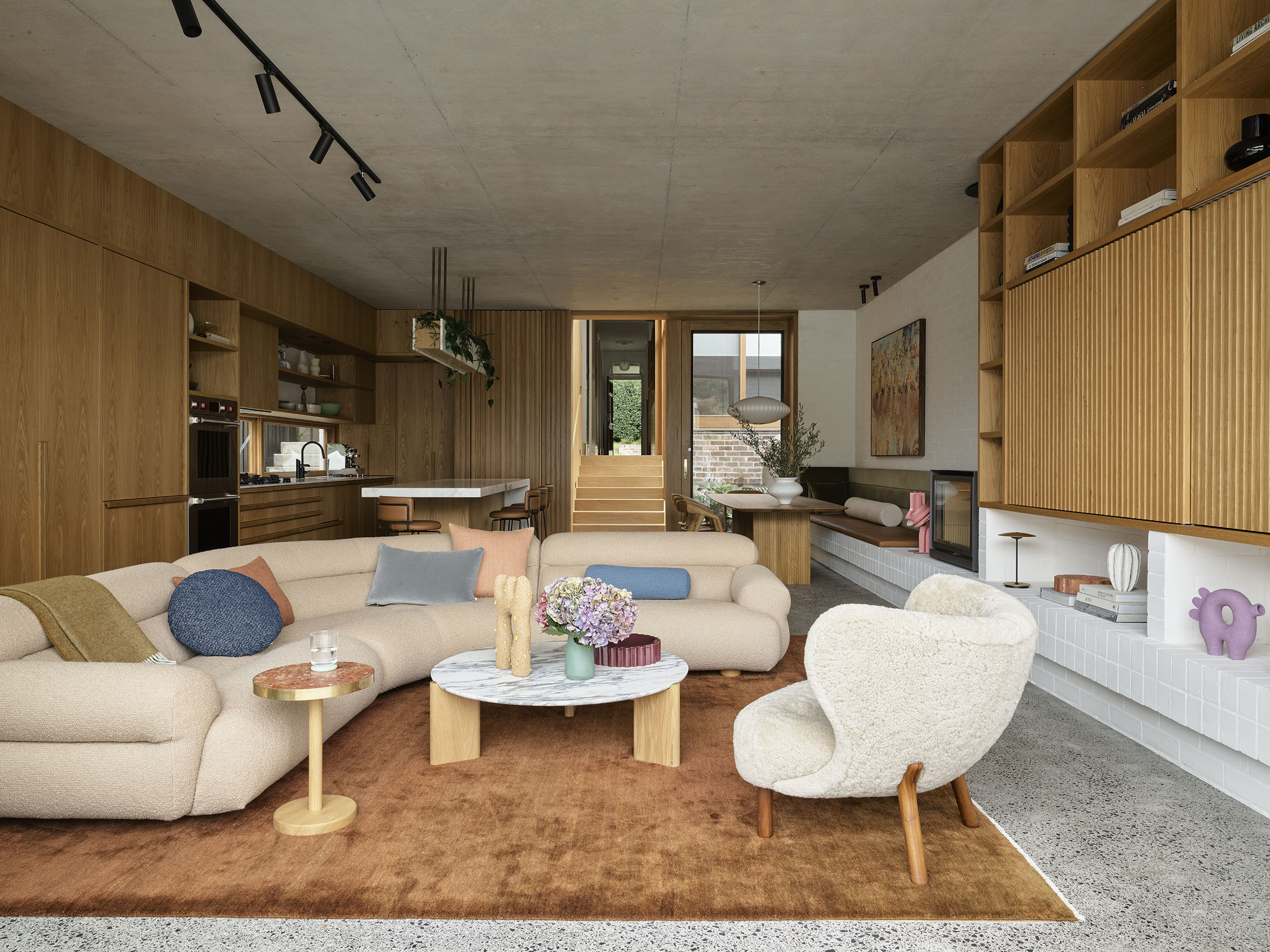 Valley Modular Sofa Poppy Peach, Otis Coffee Table Oak Base and Calacatta Top