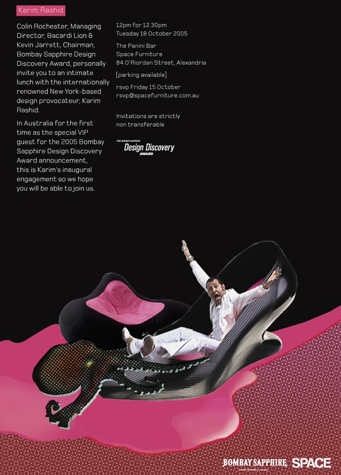 Invitation to the Karim Rashid launch at Space Sydney for the Bombay Sapphire Design Discovery Award, here and following, featuring an installation of the Melissa shoe designed by Rashid. Photos c/o Space.