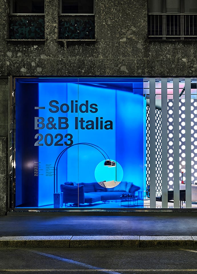 The Solids installation designed by art director Piero Lissoni unfolded in colour and pattern like a 'tapestry,' here and following, inside the B&B Italia flagship in Milan during the 2023 Salone del Mobile. Photos c/o B&B Italia.
