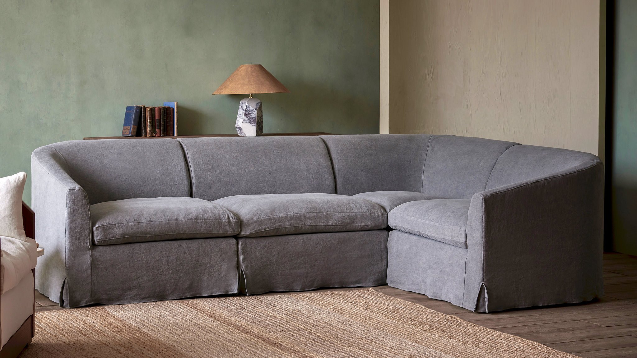 Ziki L-Shape Sectional in Ink Cap, a medium cool grey Light Weight Linen