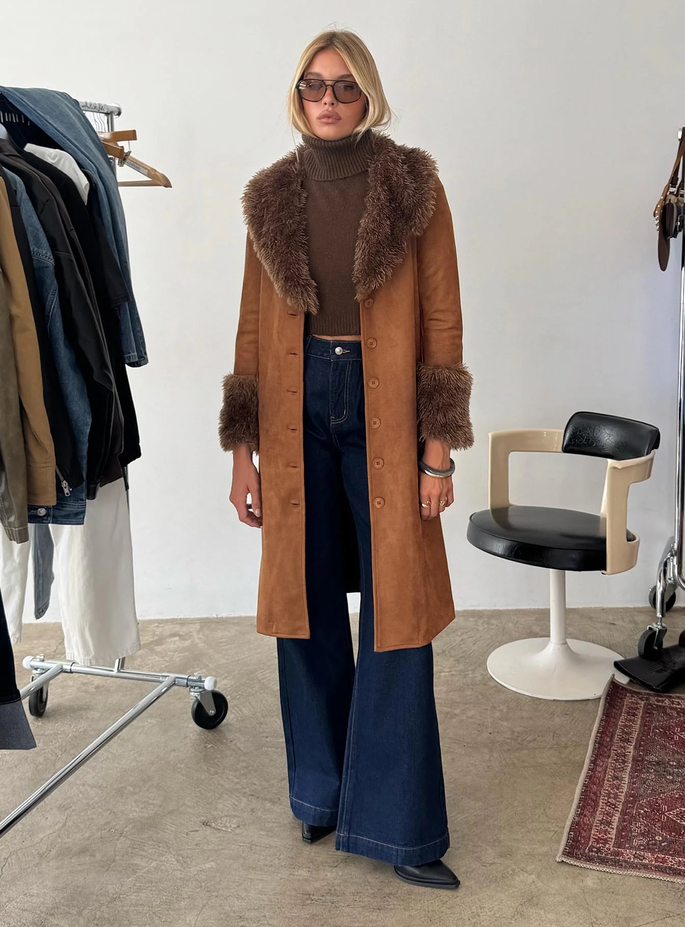 woman wearing princess polly faux suede jacket - winter 2025 fashion trends