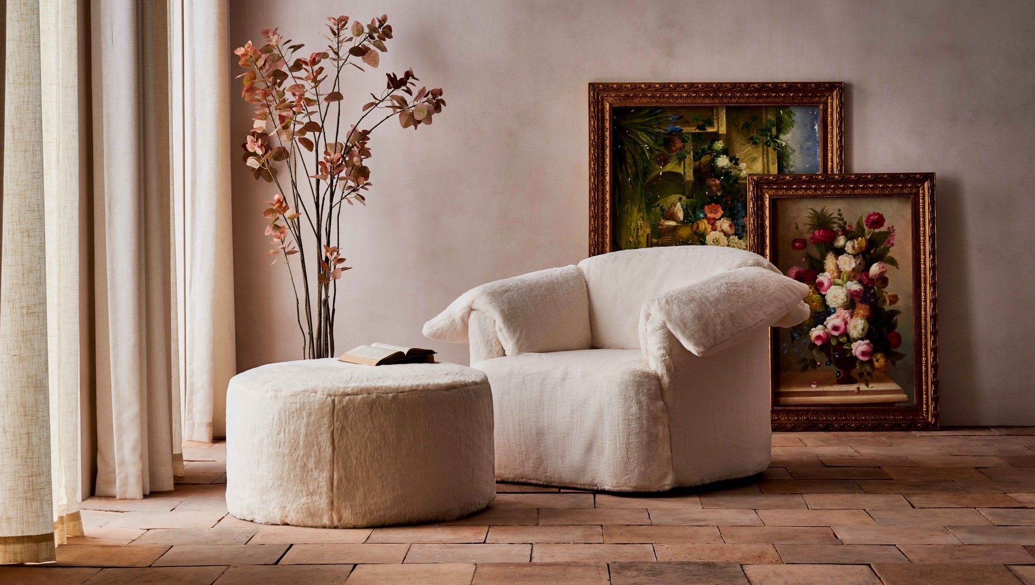 Loula Chair and Ottoman in Recycled Faux Fur Dandelion Poof