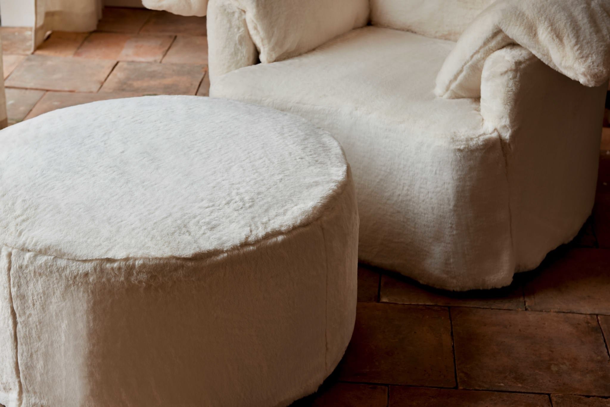 Loula Chair and Ottoman in Recycled Faux Fur Dandelion Poof