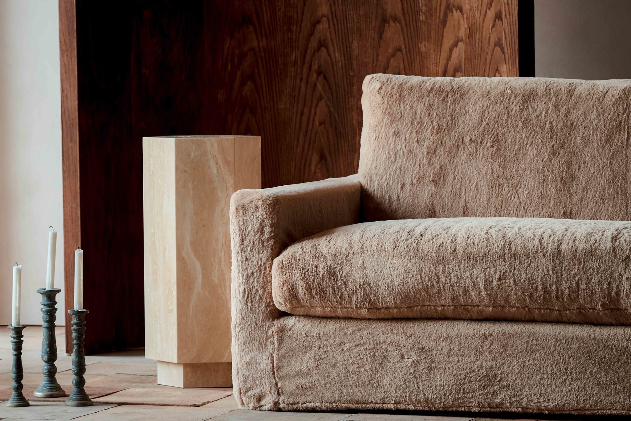 Close up of Devyn Sofa in Recycled Faux Fur Pampas Flow