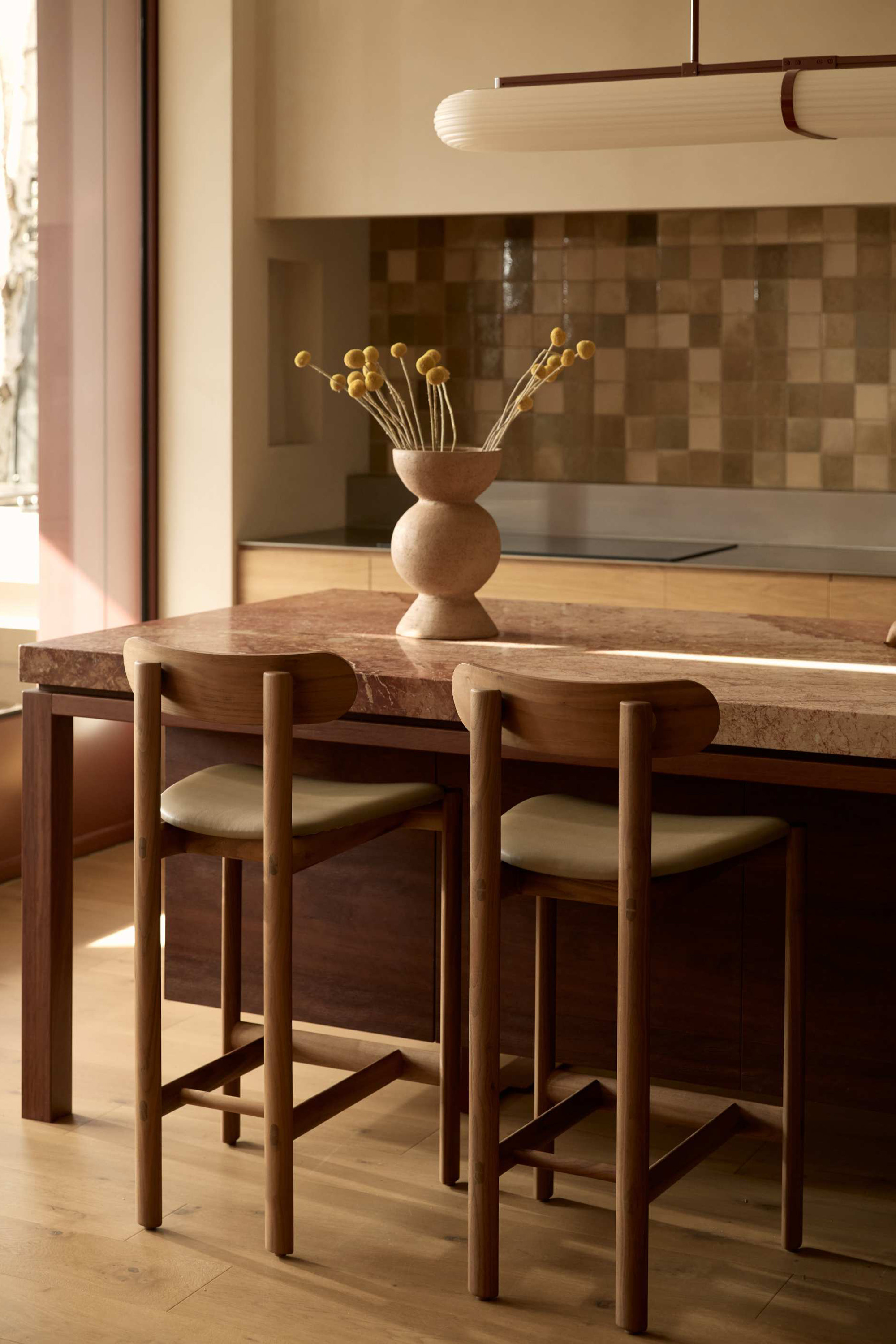 Rye Upholstered High Bar Stool Walnut Leather Greyson Khaki, Bobble Vessel Natural Raku