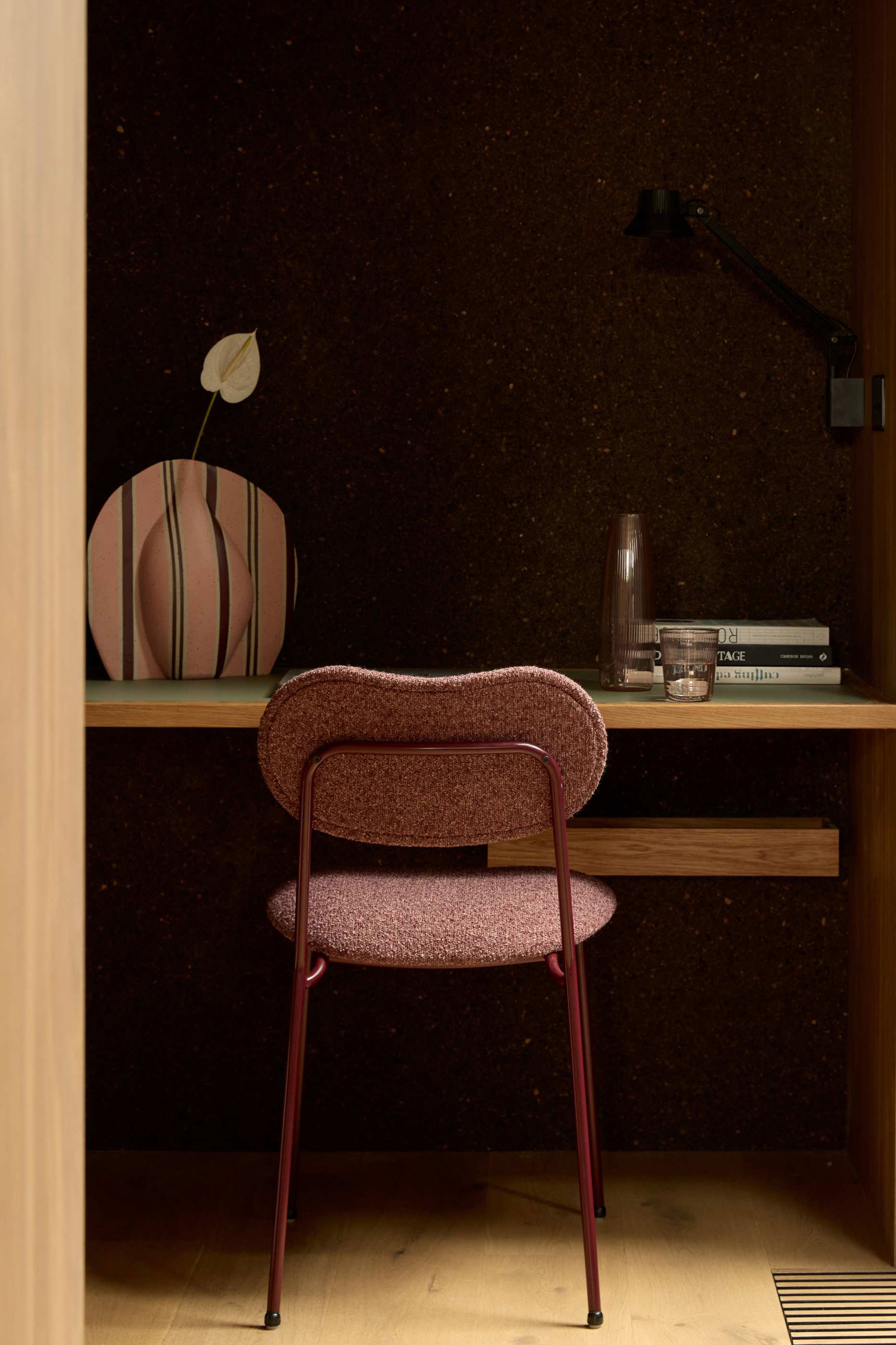 Kai Dining Chair Claret Mahogany, Canvas Medium Stripe Vase Peach