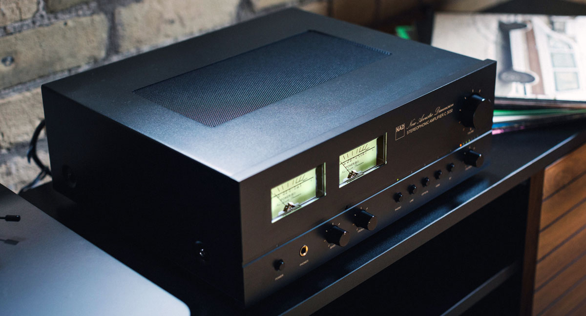 NAD C 3030 Integrated Amplifier on a credenza