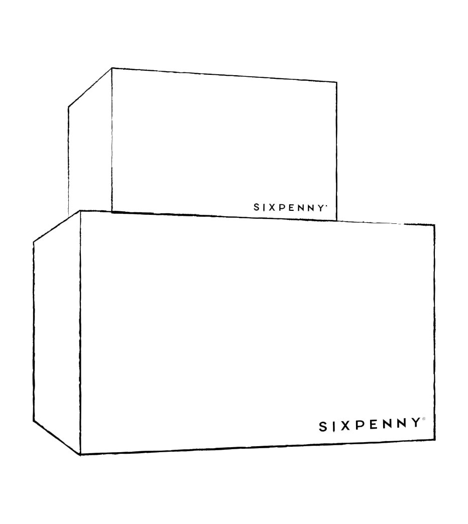 illustration of Sixpenny boxes stacked on top of one another