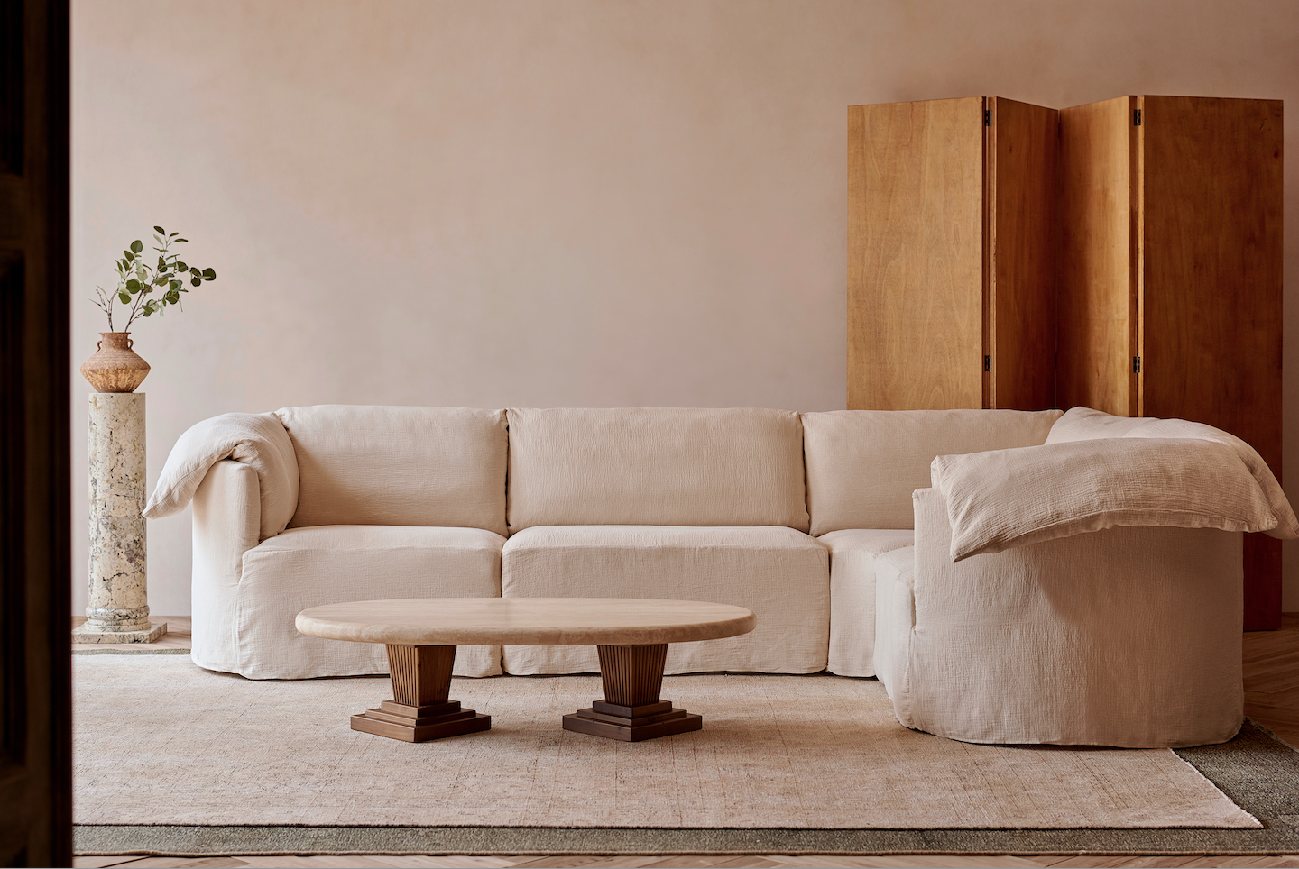Loula Corner Sectional in Corn Silk, Washed Cotton Linen placed beside the Cordelia Coffee Table