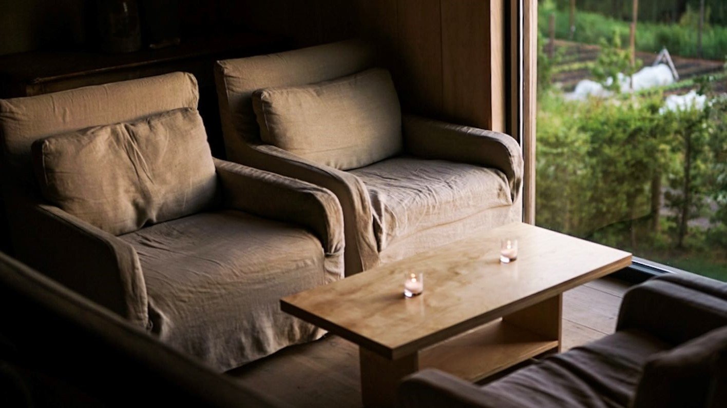 Two Cadence Chairs placed next to a window alongside a coffee table