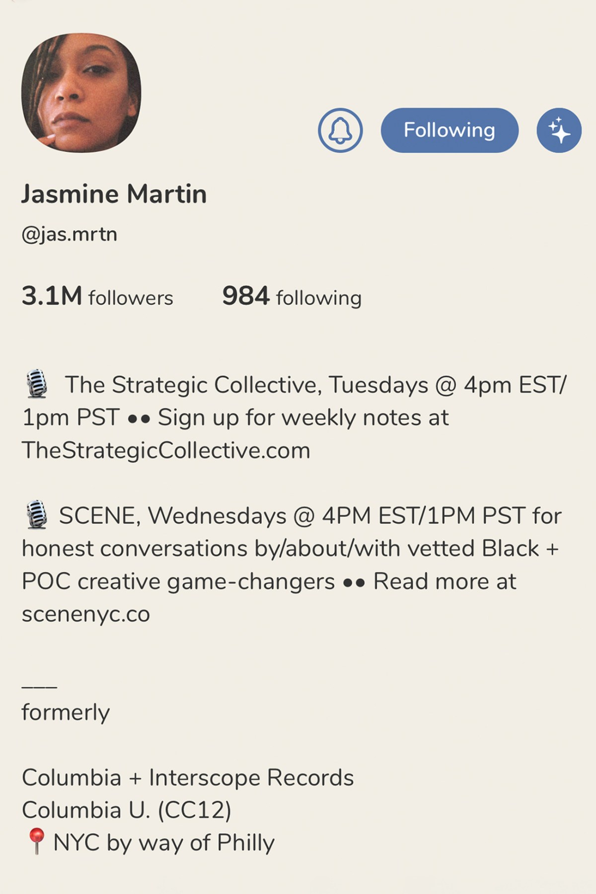 Jasmine Martin’s Clubhouse profile @jas.mrtn, March 24th 2021