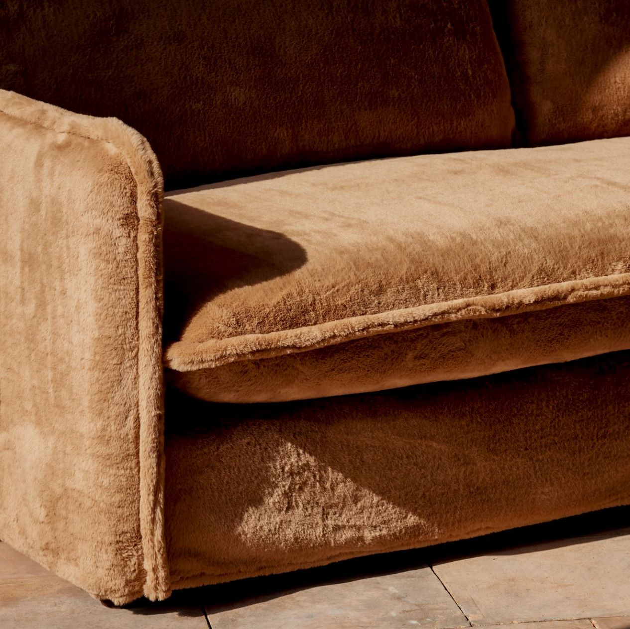 Close-up of the Neva Sofa in Recycled Faux Fur, Kiwi Fuzz