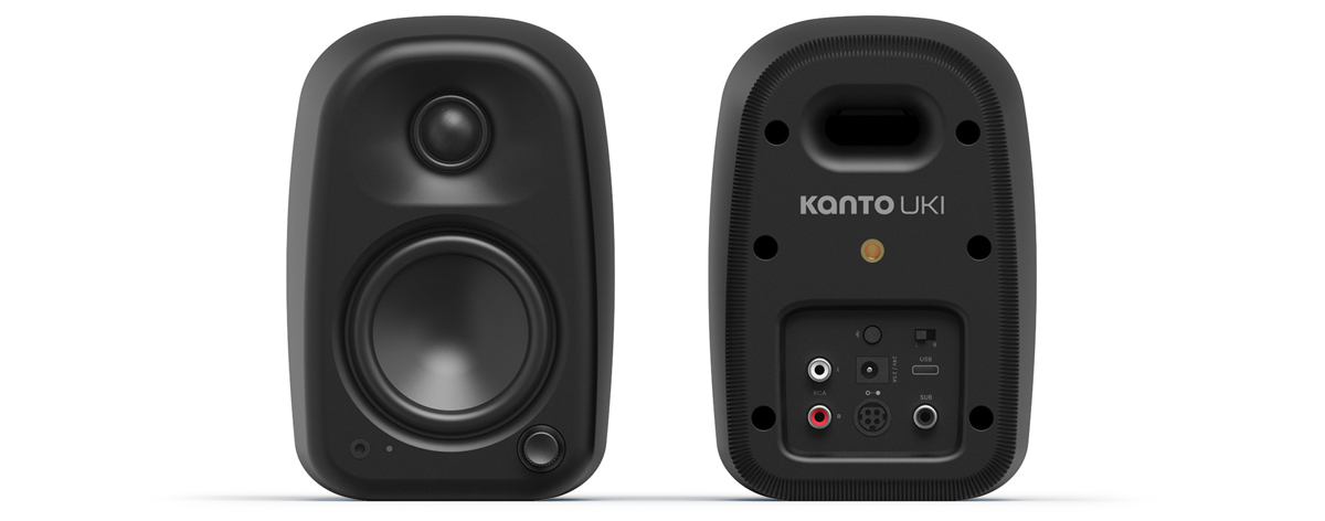 Front and rear panel view of Kanto UKI desktop speakers