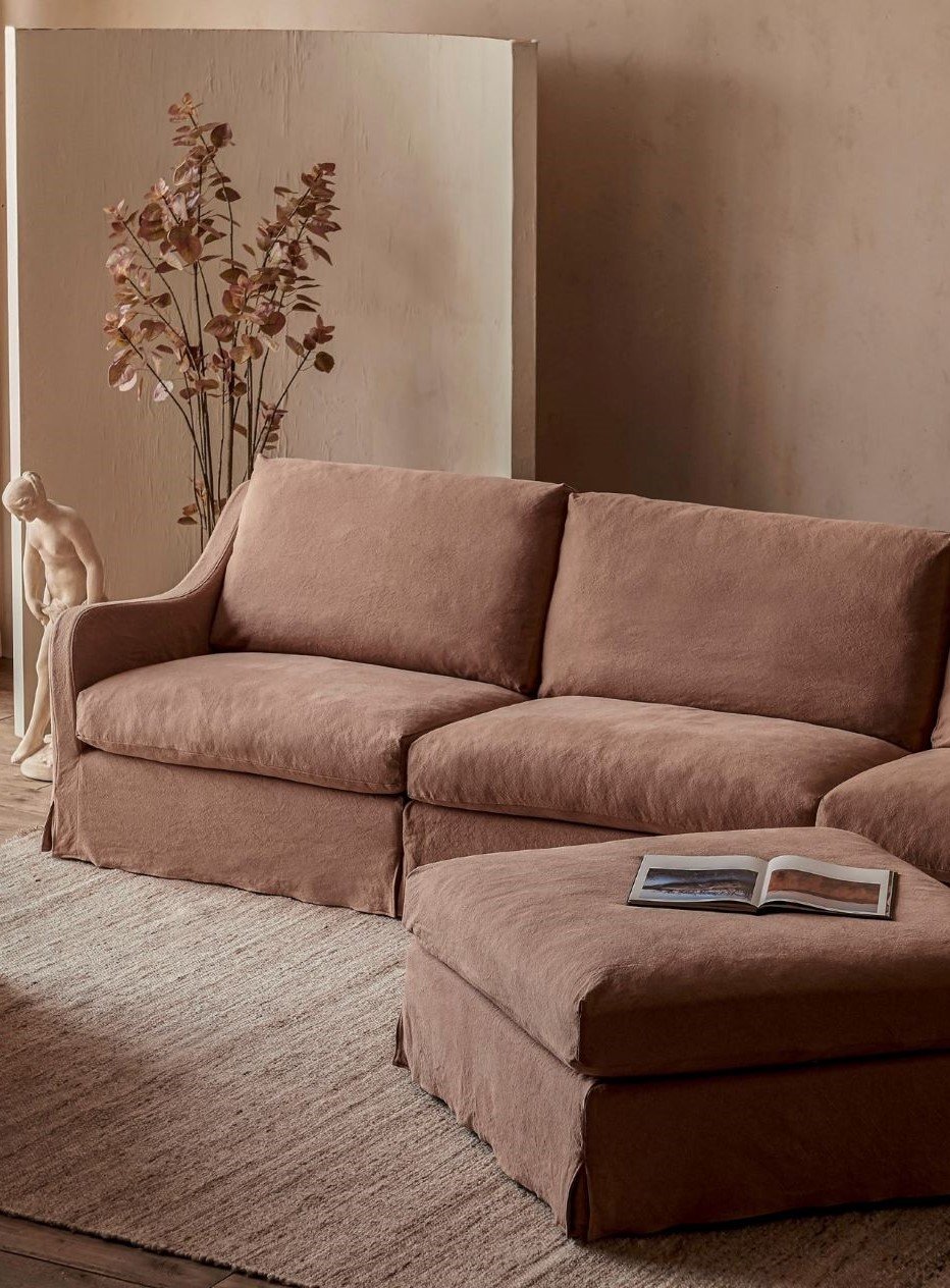 Esme Chaise Sectional and Ottoman in Nectarine Dream, Thread-Dyed Cotton Linen