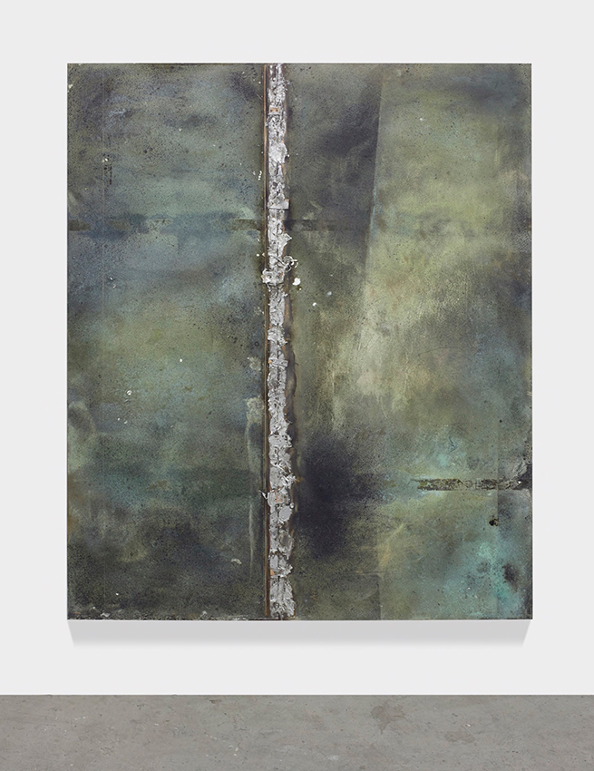 watered down, 2017 patina, oil stick, solder on solid bronze sheet, mounted on aluminum frame 96 x 74 1/2 inches (243.8 x 189.2 cm)