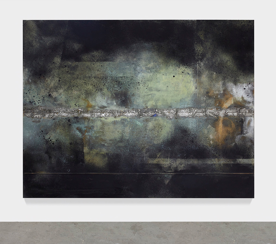 untitled, 2018 patina, oil stick, solder on solid bronze sheet, mounted on aluminum frame 71 x 92 1/2 inches (180.3 x 235 cm)