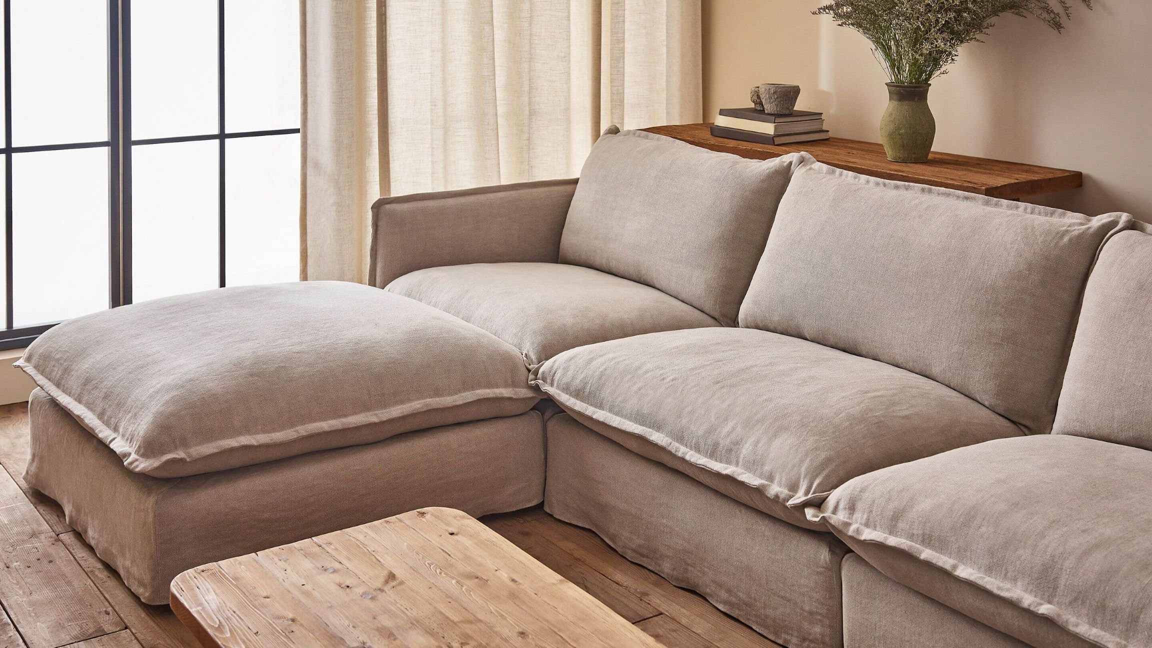 Neva Chaise Sectional in Jasmine Rice, Medium Weight Linen