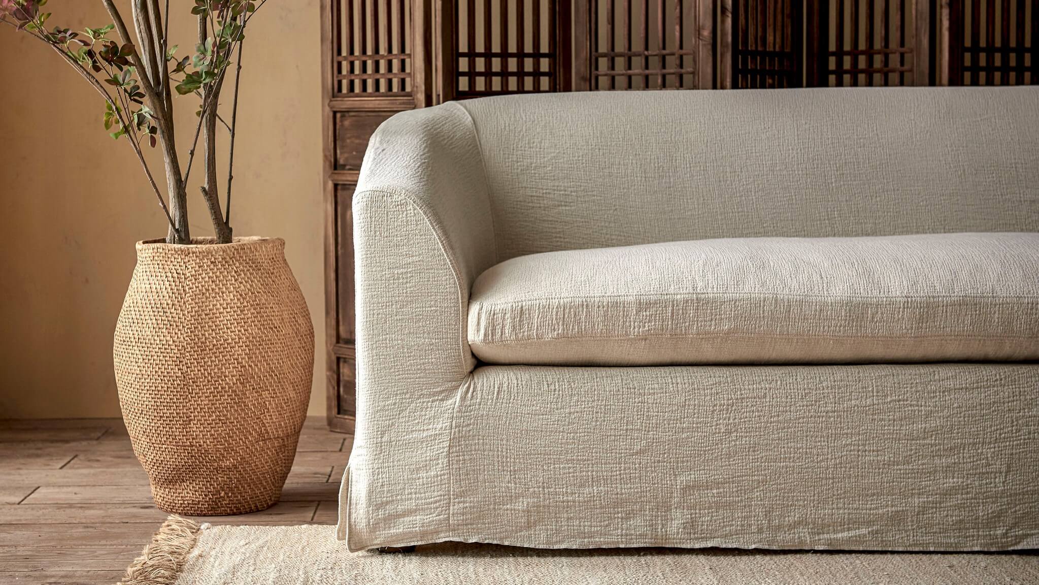 Ziki Sofa in Jasmine Rice, Medium Weight Linen