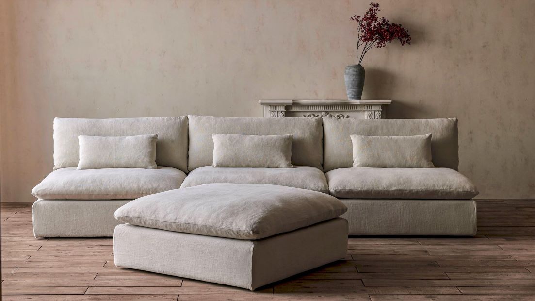 Aria Grande Chaise Sectional in Warm Oatmeal, Medium Weight Linen