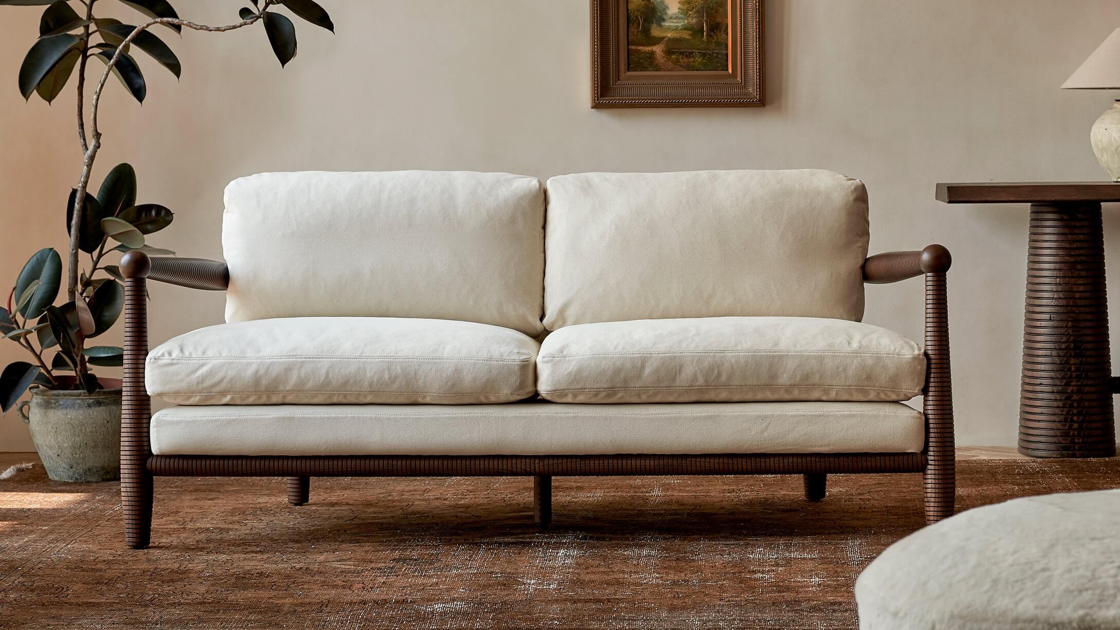 Gio Sofa in Beach Walk, Cotton Canvas & Dusky Ash finish