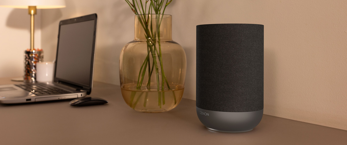 Denon Home 200 Wireless Smart Speaker in black on a desk