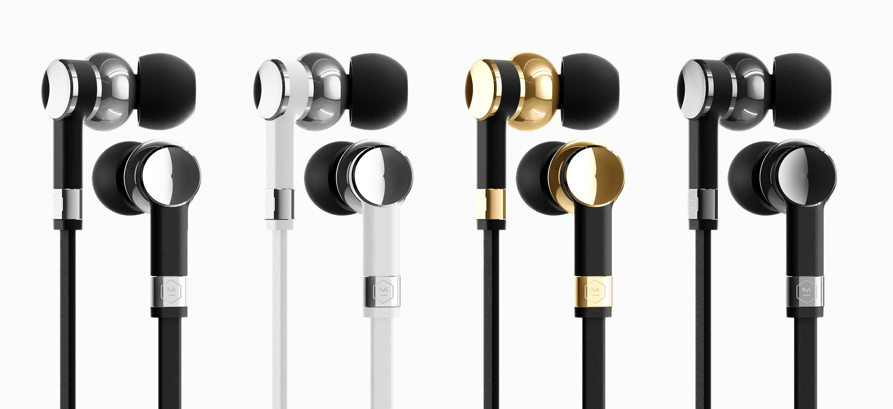 From left to right: ME05 Wired Earphones in Palladium / Black, Palladium / White, Gold / Black, Gunmetal / Black