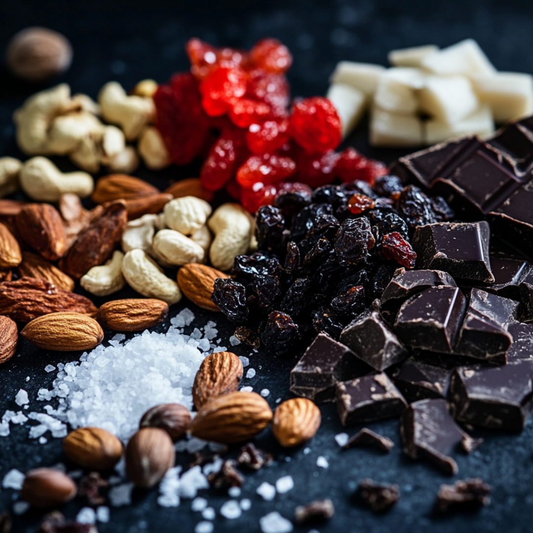 Closeup of dried fruits, dark chocolate, nuts, salt and spices on a dark table.