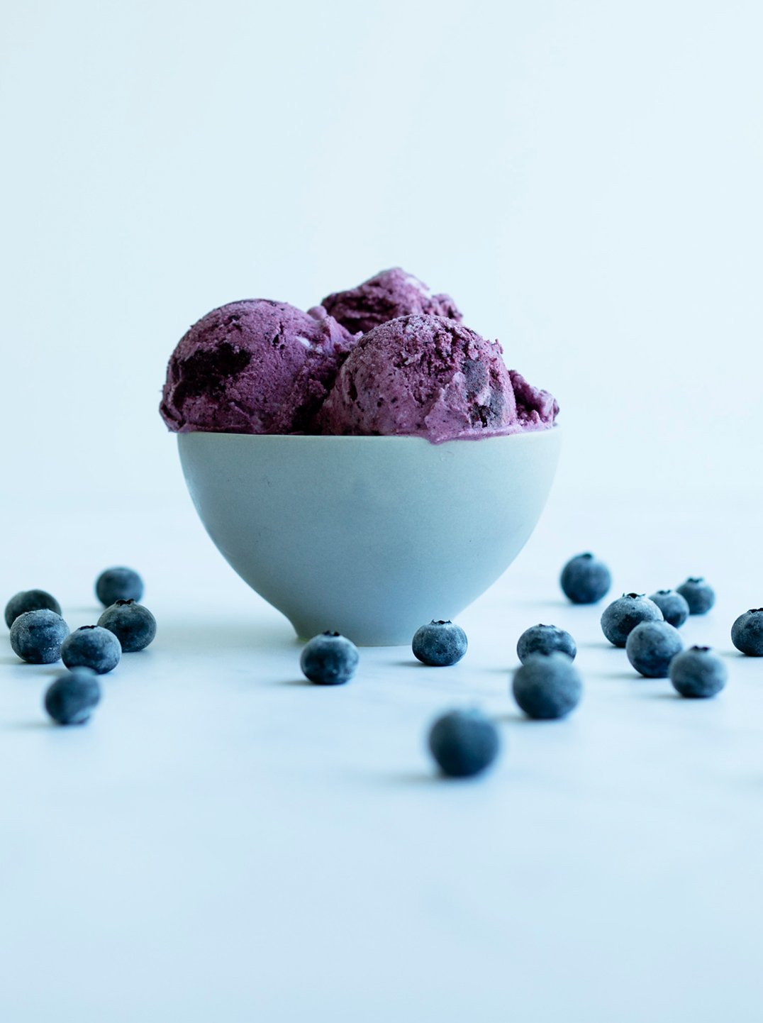 A bowl of Blueberry Lavender Yogurt Sorbet with fresh blueberries on a counter