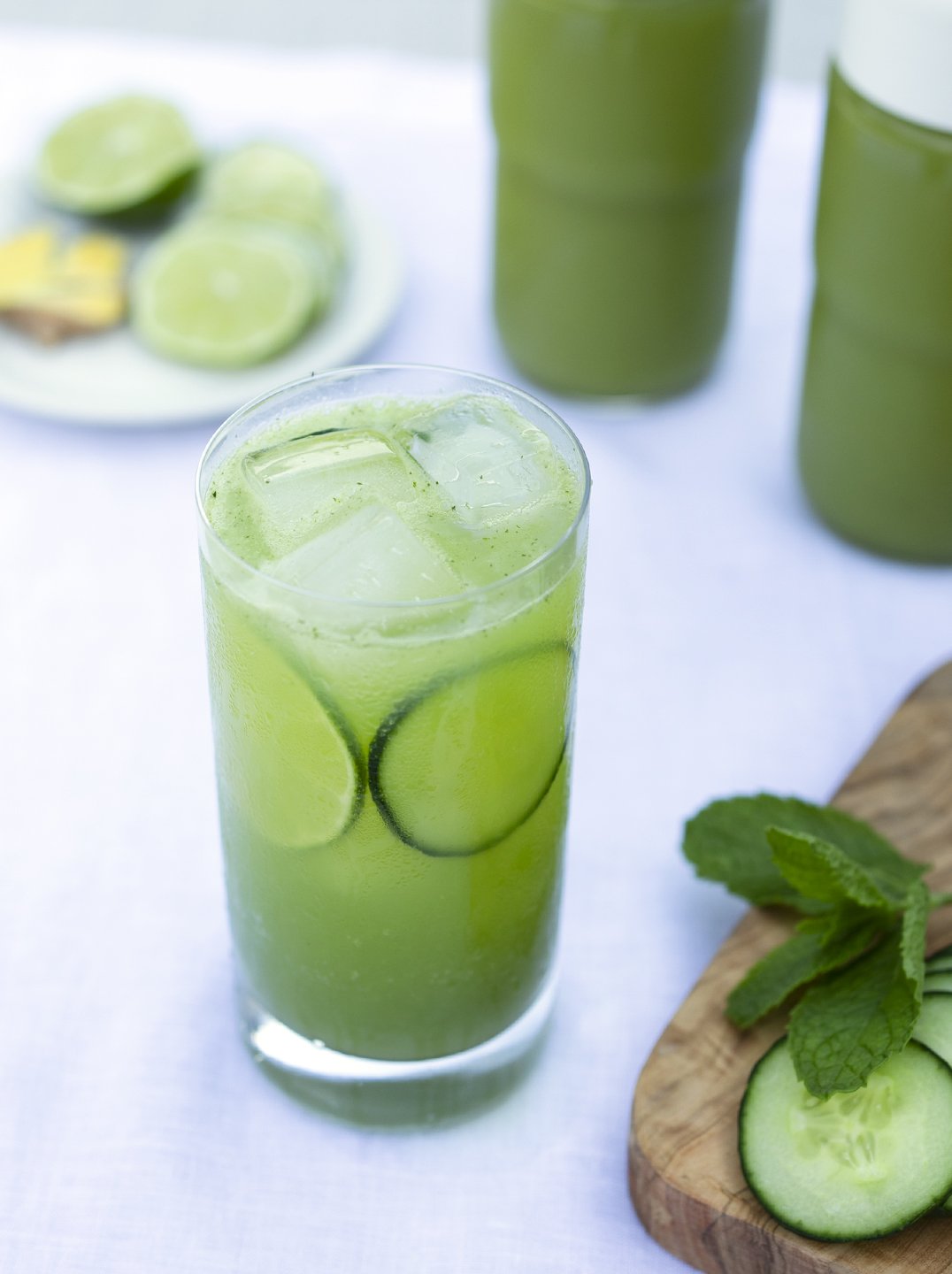 A tall glass of cucumber mule mocktail