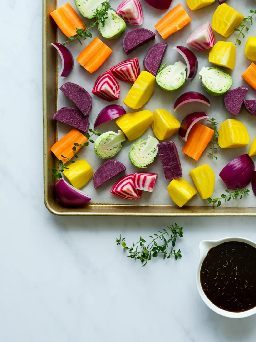 a tray of roasted veggies for the maple balsamic recipe