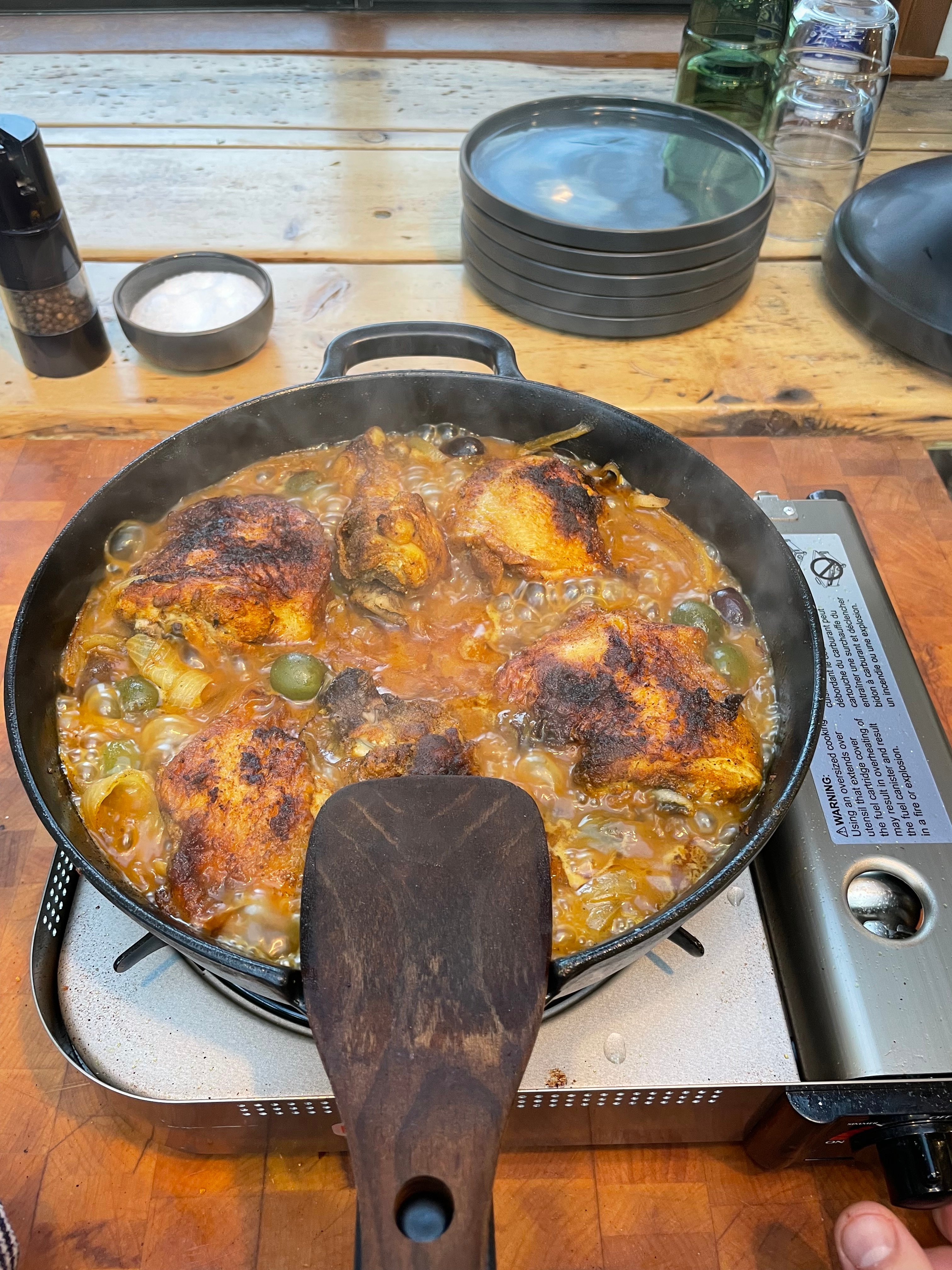 Chicken Tagine with Olives and Preserved Lemons cooking on stove