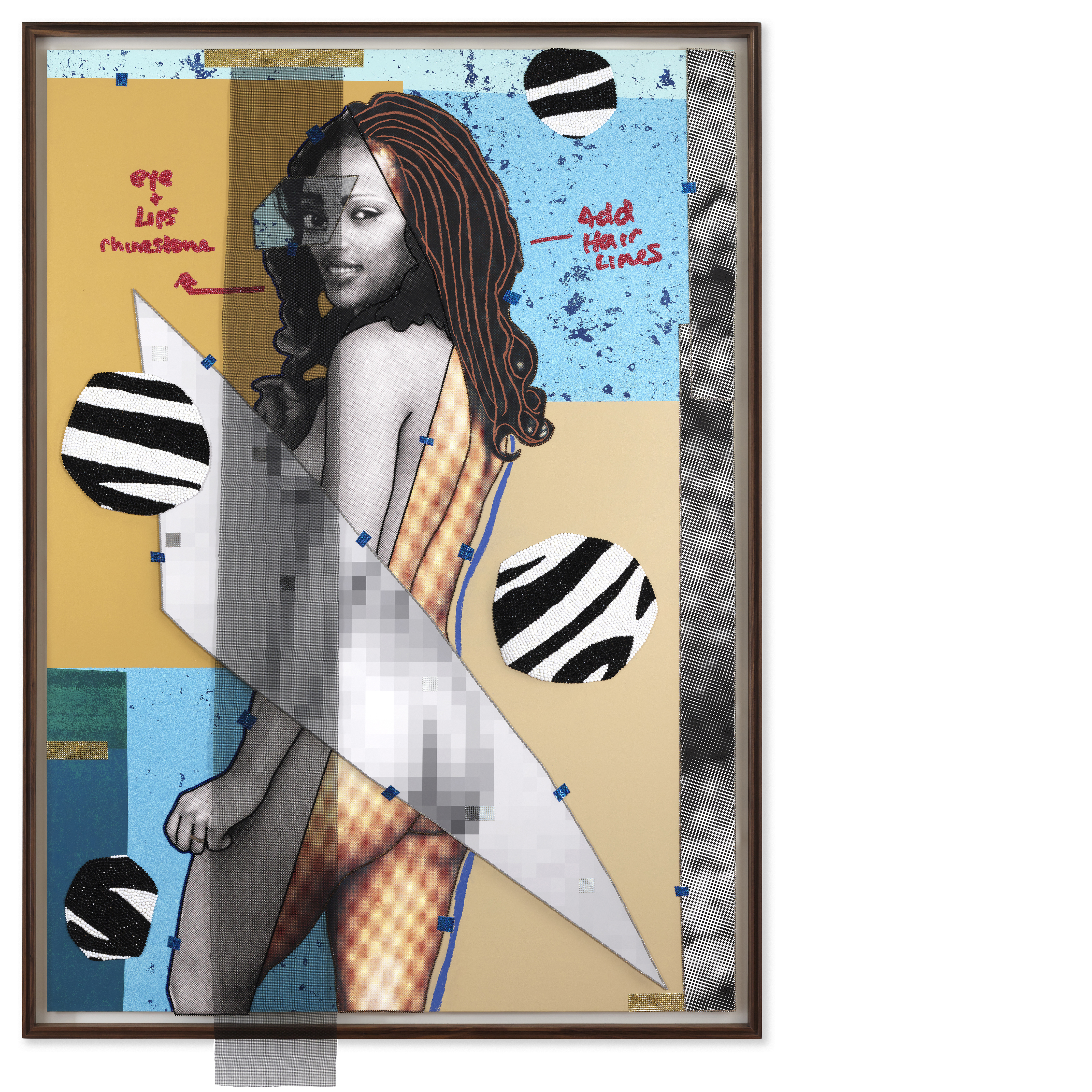 Mickalene Thomas,
Jet Blue #26, 2021,
Rhinestones, fiberglass mesh, acrylic, chalk and oil
pastel, mixed media paper and archival pigment prints
on museum paper mounted on Dibond with a
mahogany frame
88 1/2 x 64 3/8 x 2 inches (224.8 x 163.5 x 5.1 cm)
From top of frame to bottom of mesh
93 3/4 x 64 3/8 x 2 inches (238.1 x 163.5 x 5.1 cm)