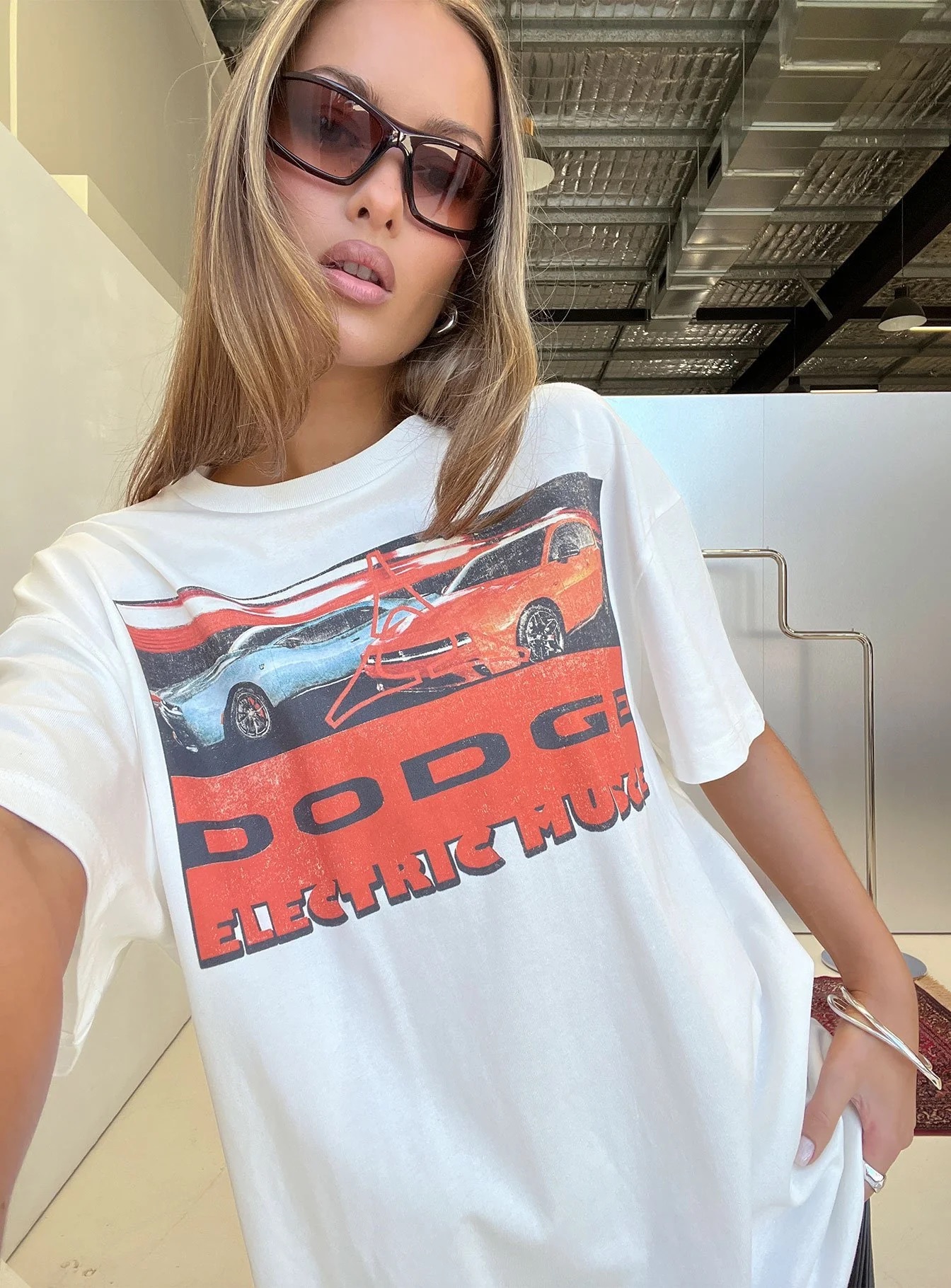 4th of July BBQ Outfits - Princess Polly Dodge Electric Muscle Oversized Graphic Tee White