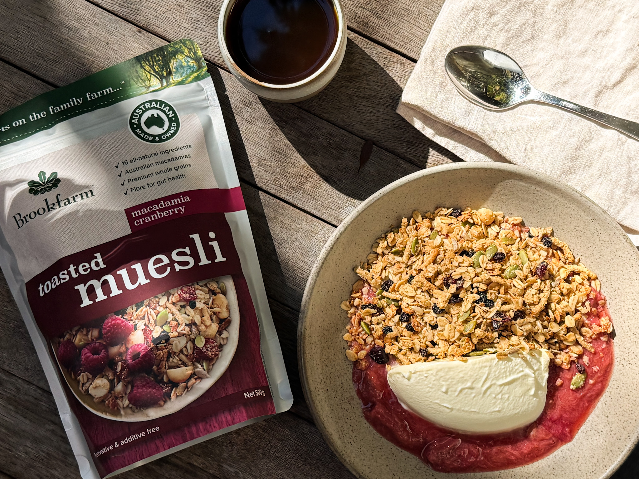 Macadamia Cranberry Toasted Muesli with Stewed Rhubarb & Yoghurt