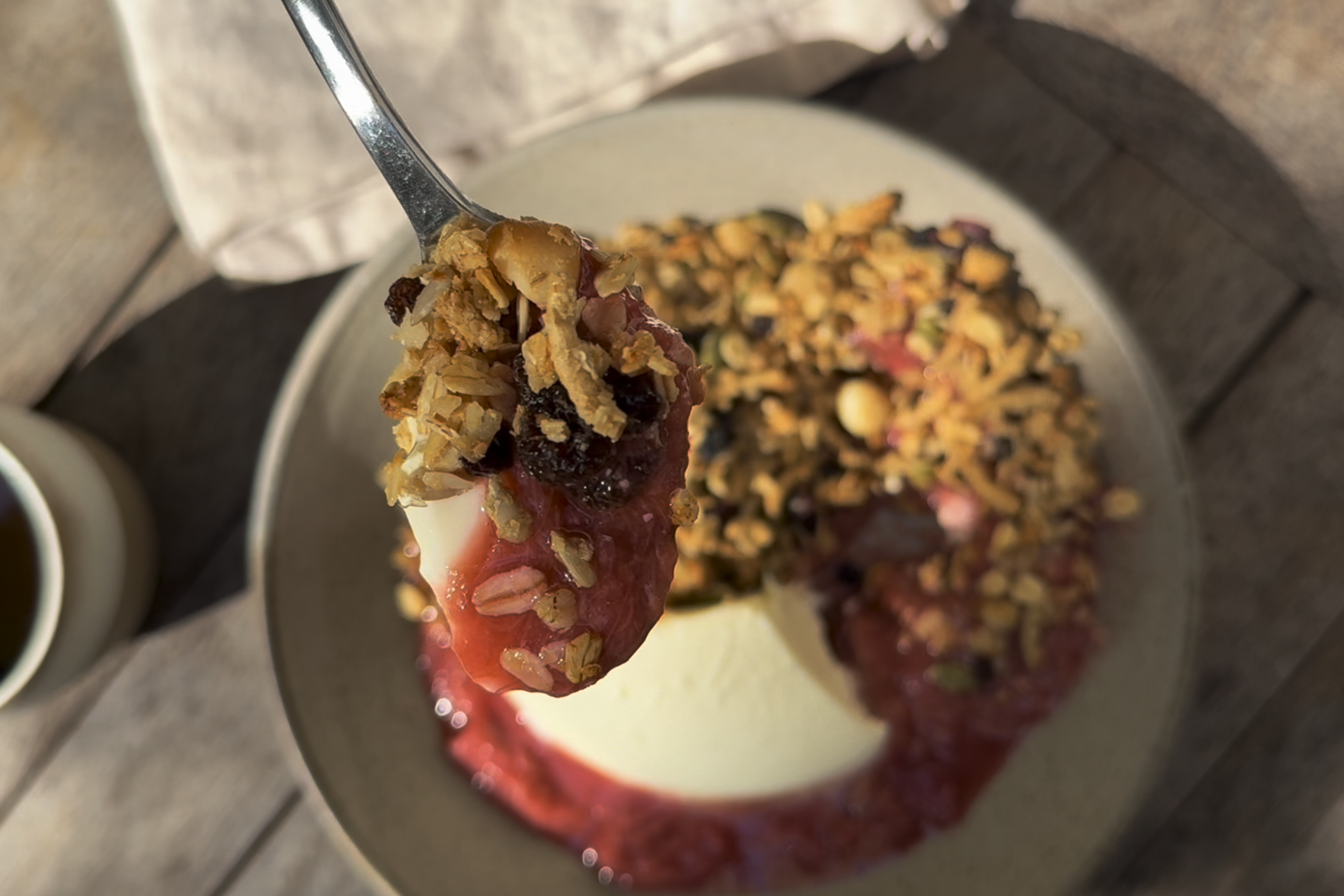 Brookfarm Macadamia Cranberry Toasted Muesli with Stewed Rhubarb & Yoghurt