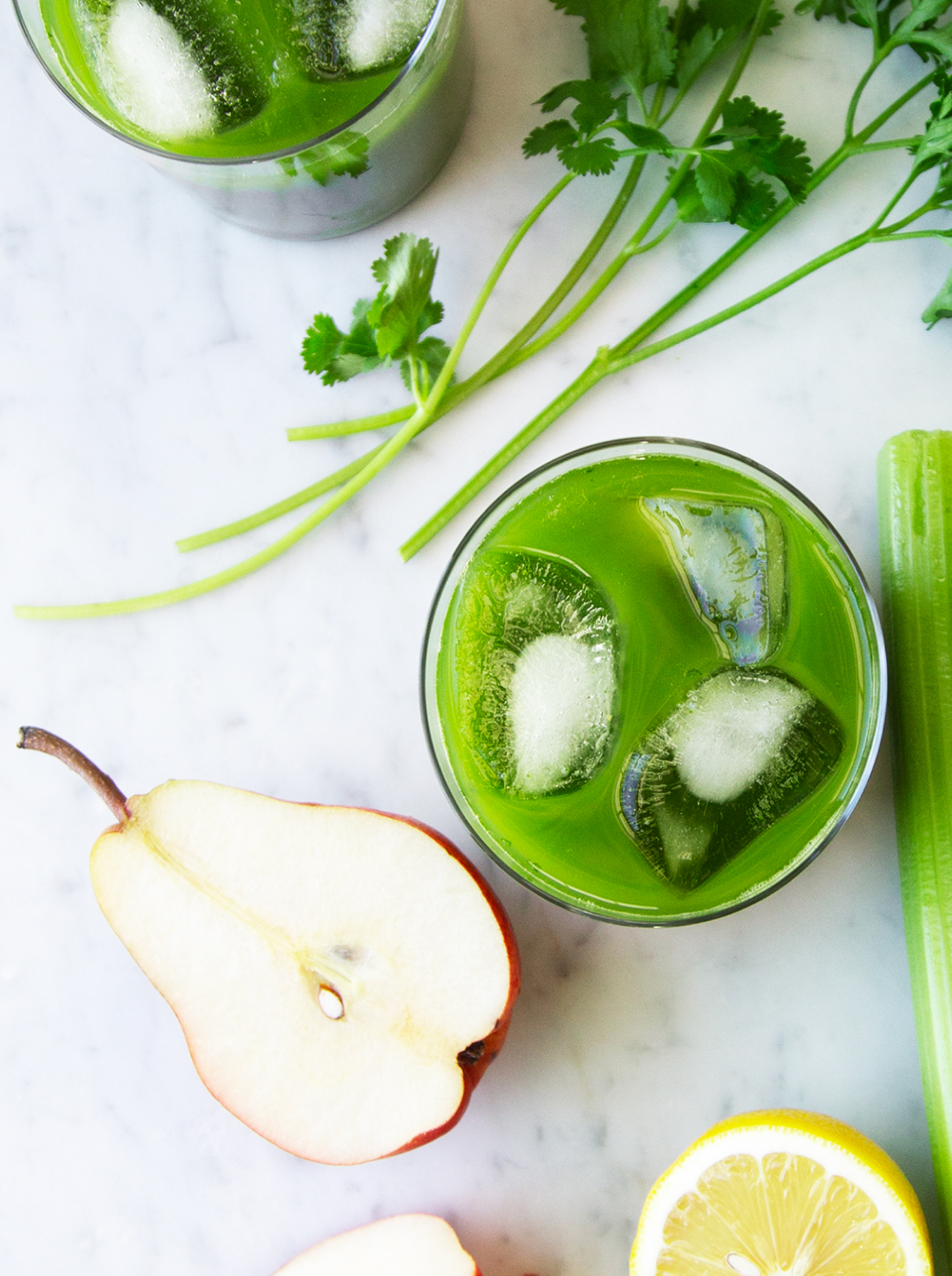 half a pear and a glass of electrolyte green juice
