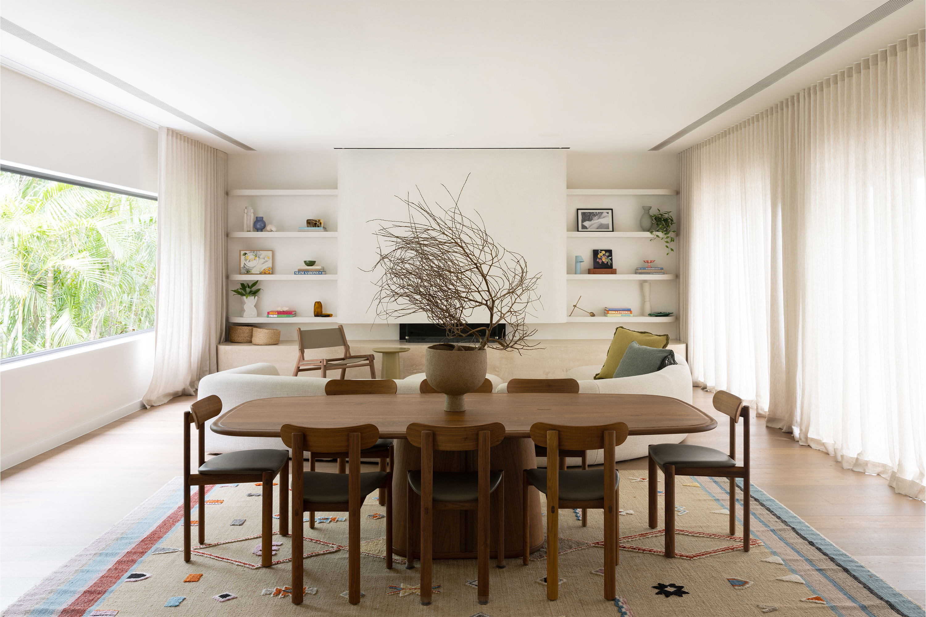 Inez Dining Table Walnut, Kai Dining Chair Walnut Greyson Leather Khaki, Dari Rug Moss