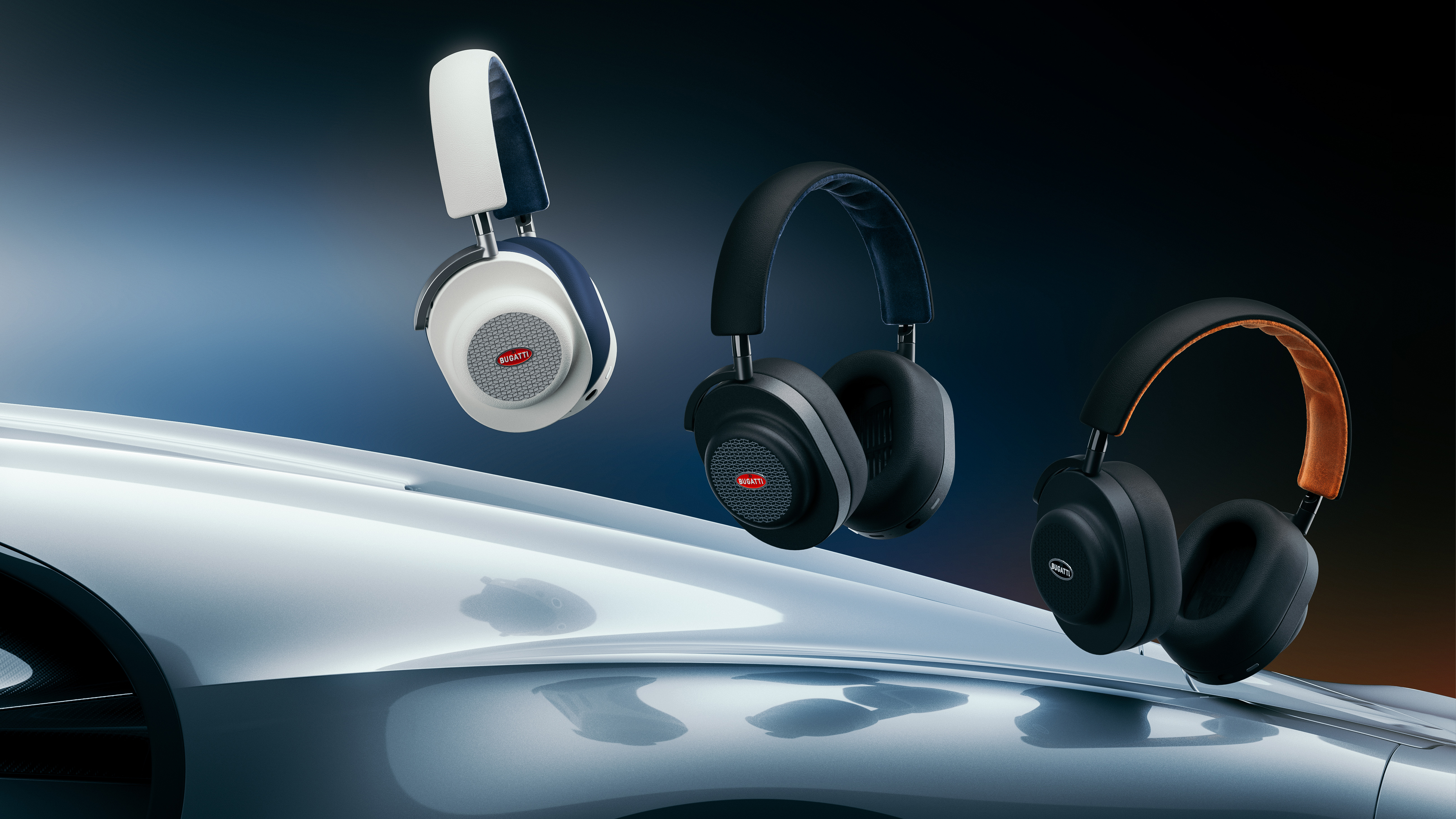 The MG20 Wireless Gaming Headphones for Bugatti in Blanc / Deep Blue, Nocturne / Lake Blue, and Nocturne / Jet Orange