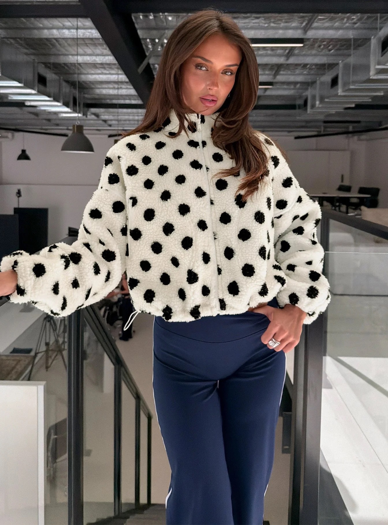 Comfy Casual Thanksgiving Outfits - Princess Polly Sammee Polar Fleece Contrast Zip Through Jacket White Polka