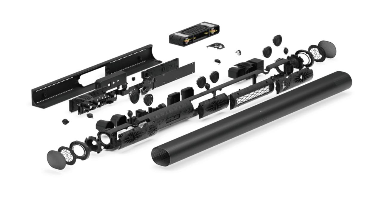 Exploded view of the internal components of the Sonos Arc Ultra soundbar