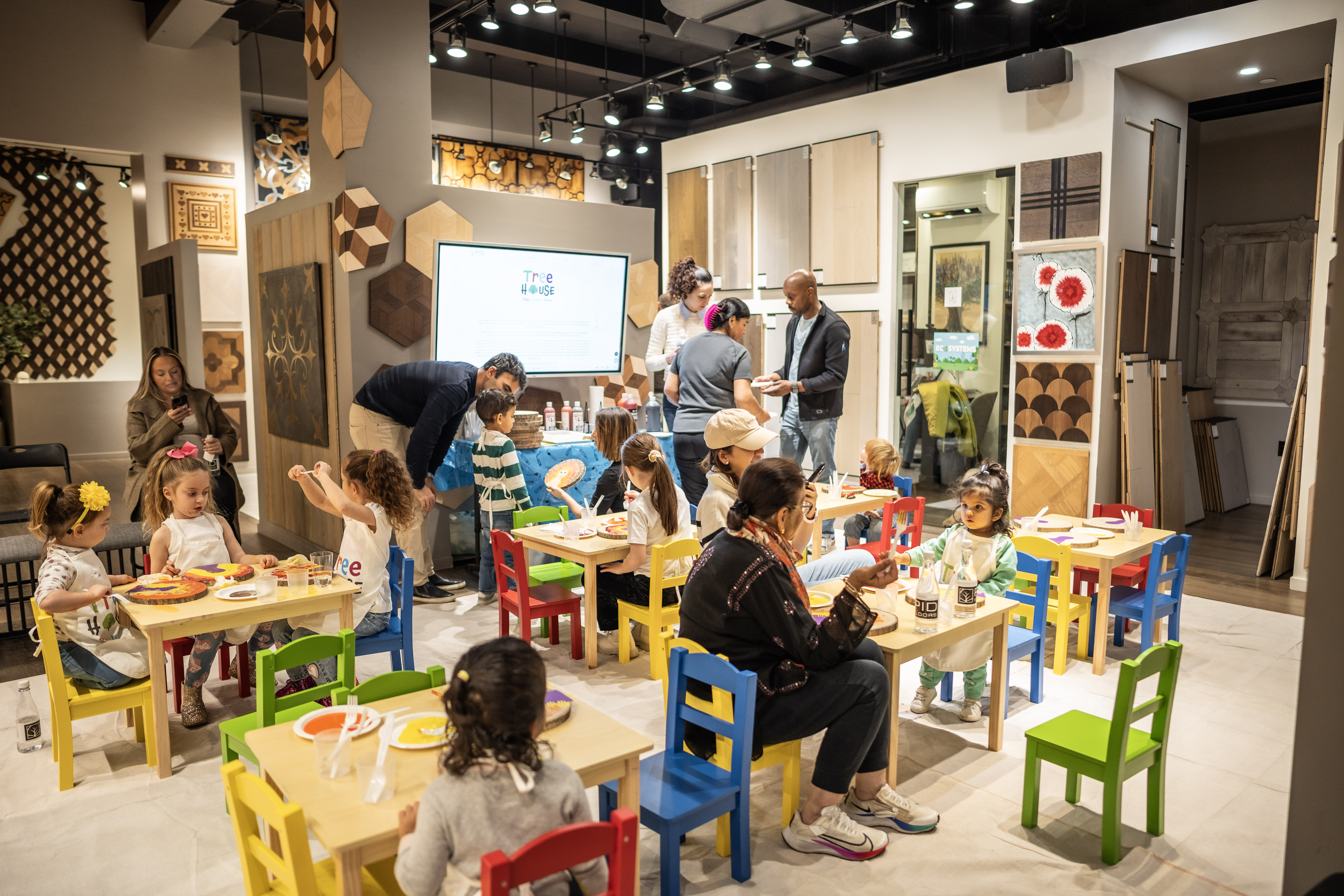 Evening atmosphere at decorated TREE HOUSE showroom Halloween celebration