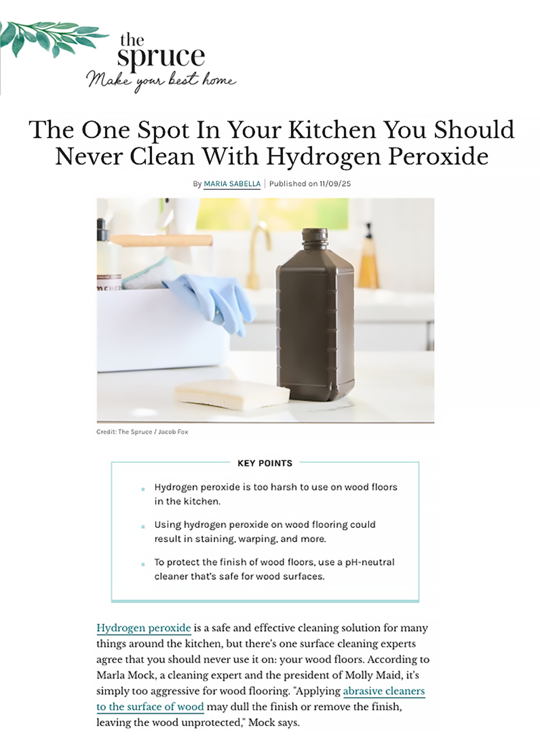 The Spruce article featuring PID Floors experts on hydrogen peroxide and wood floor cleaning safety