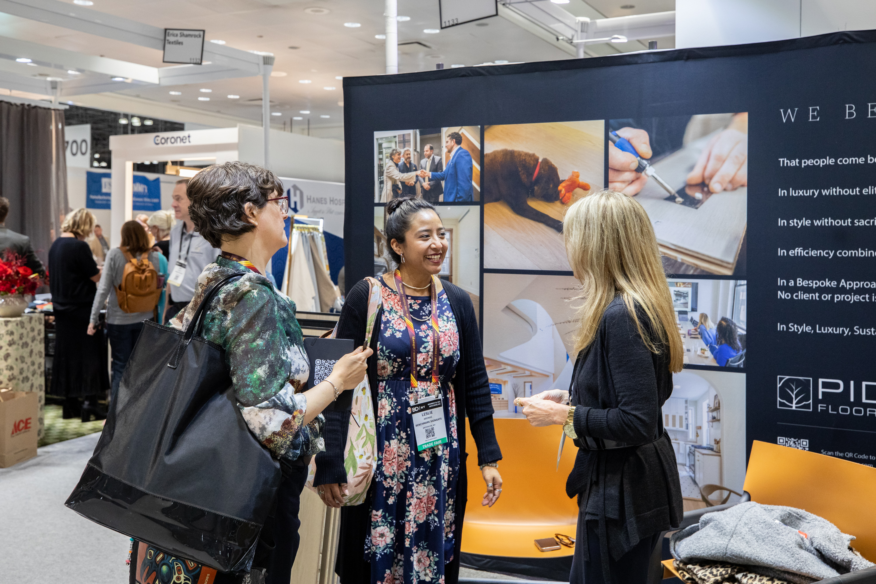 Curated flooring material samples at PID Floors BDNY 2025 exhibit showing texture variety and design versatility for hospitality interiors