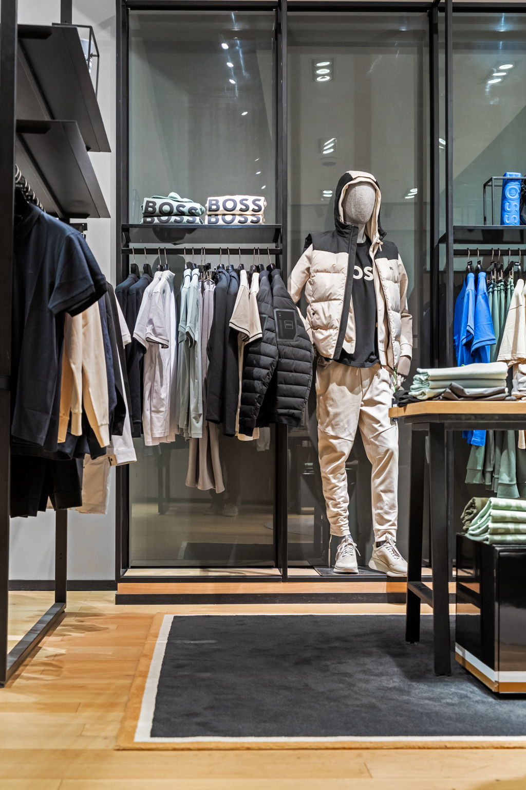 Custom hardwood flooring PID Floors Hugo Boss boutique Miami premium menswear store interior design detail