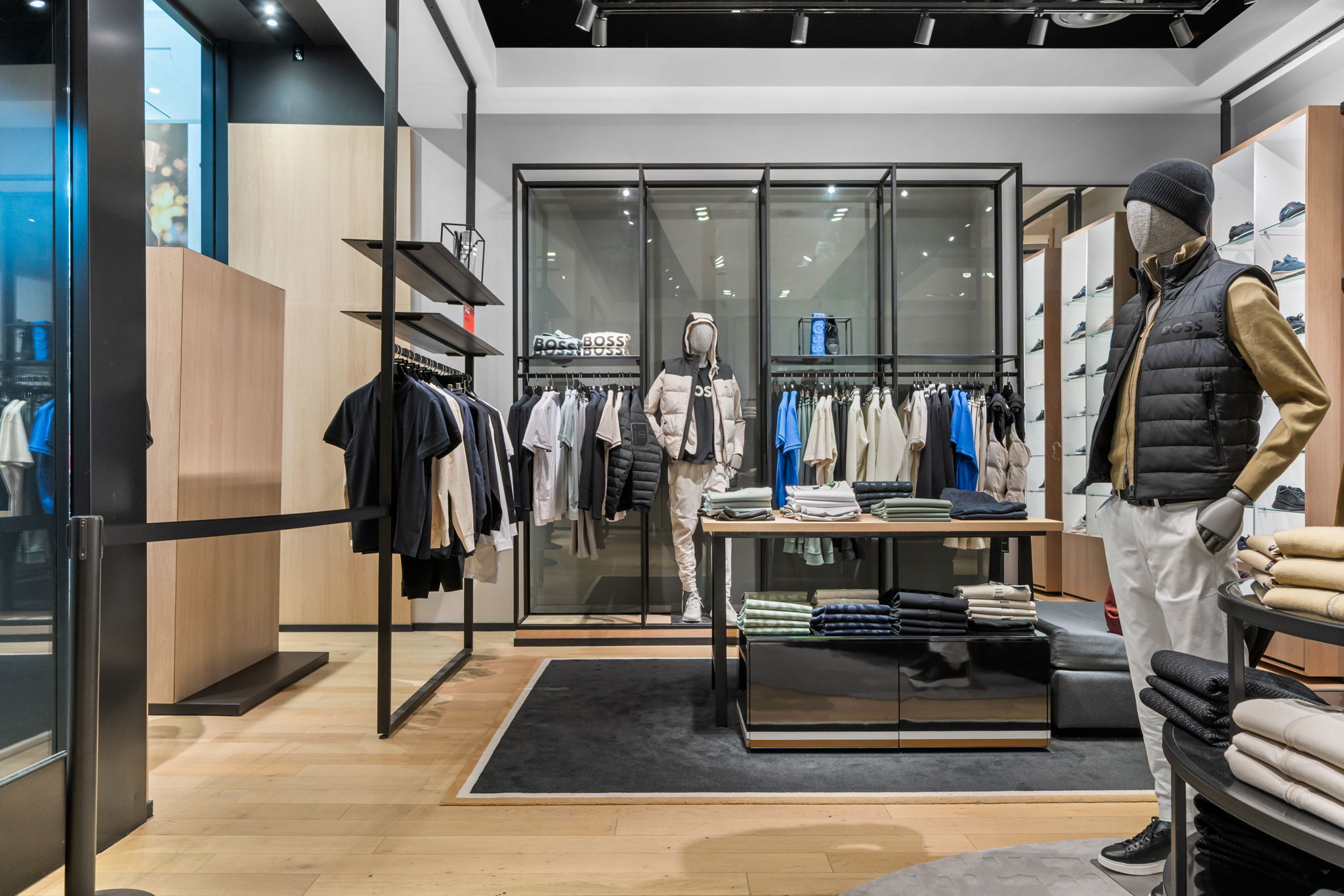 Artisan European oak floor design by PID Floors Hugo Boss Miami premium menswear flagship space