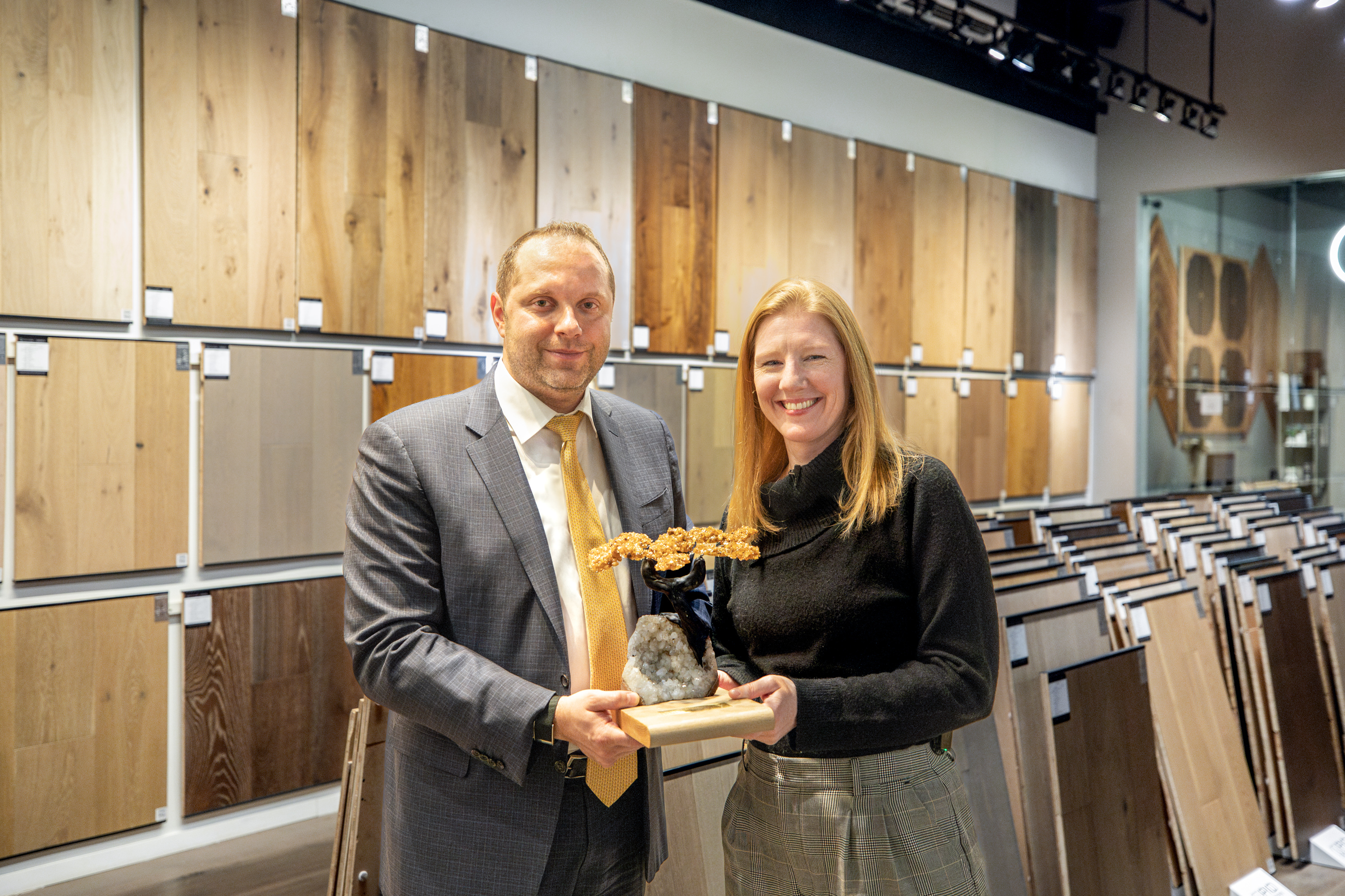 NWFA President Stephanie Owen meeting with PID Floors leadership at NYC flagship showroom
