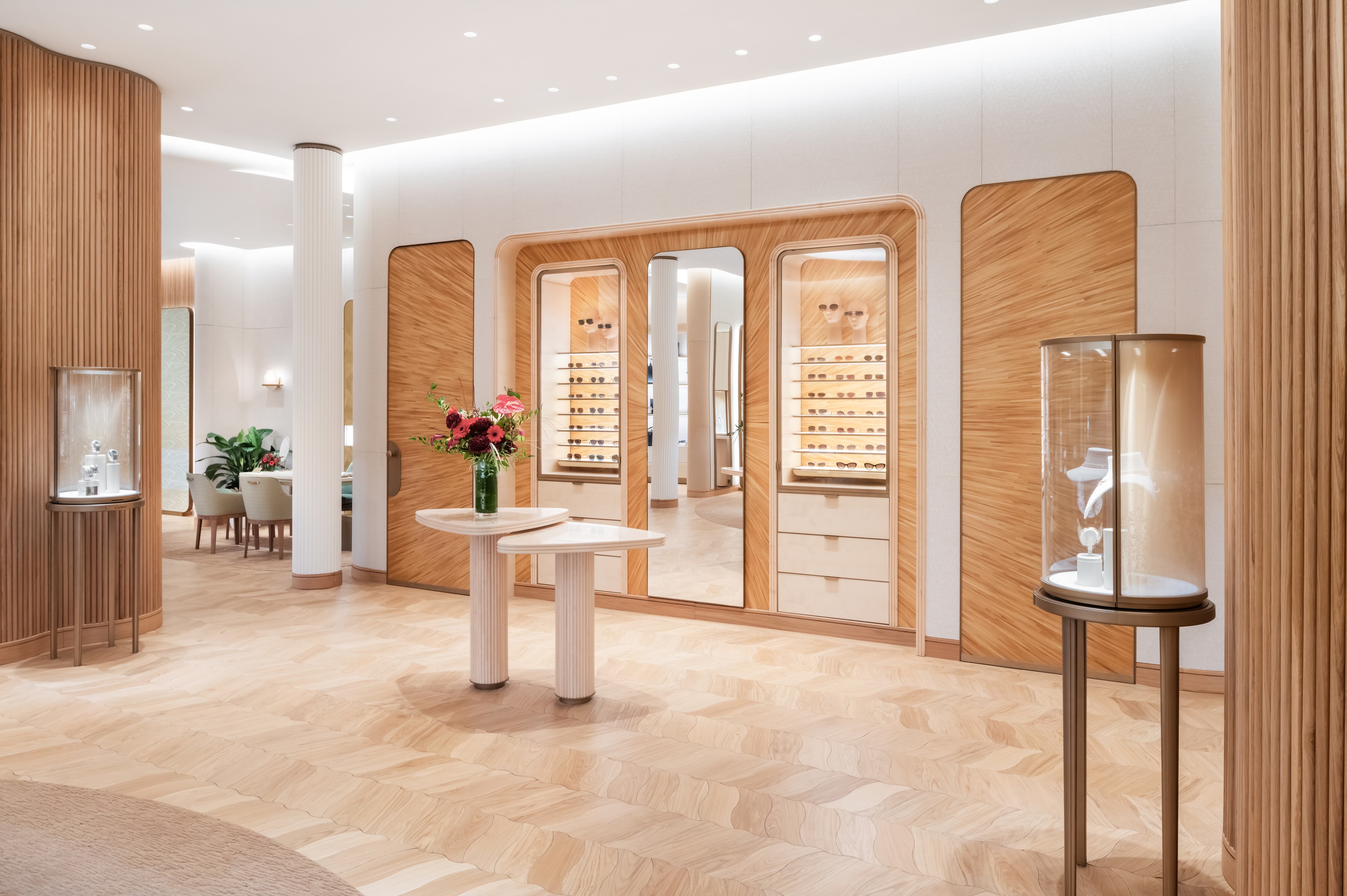 European oak wide plank flooring PID Floors Cartier Troy luxury brand retail space high-end installation