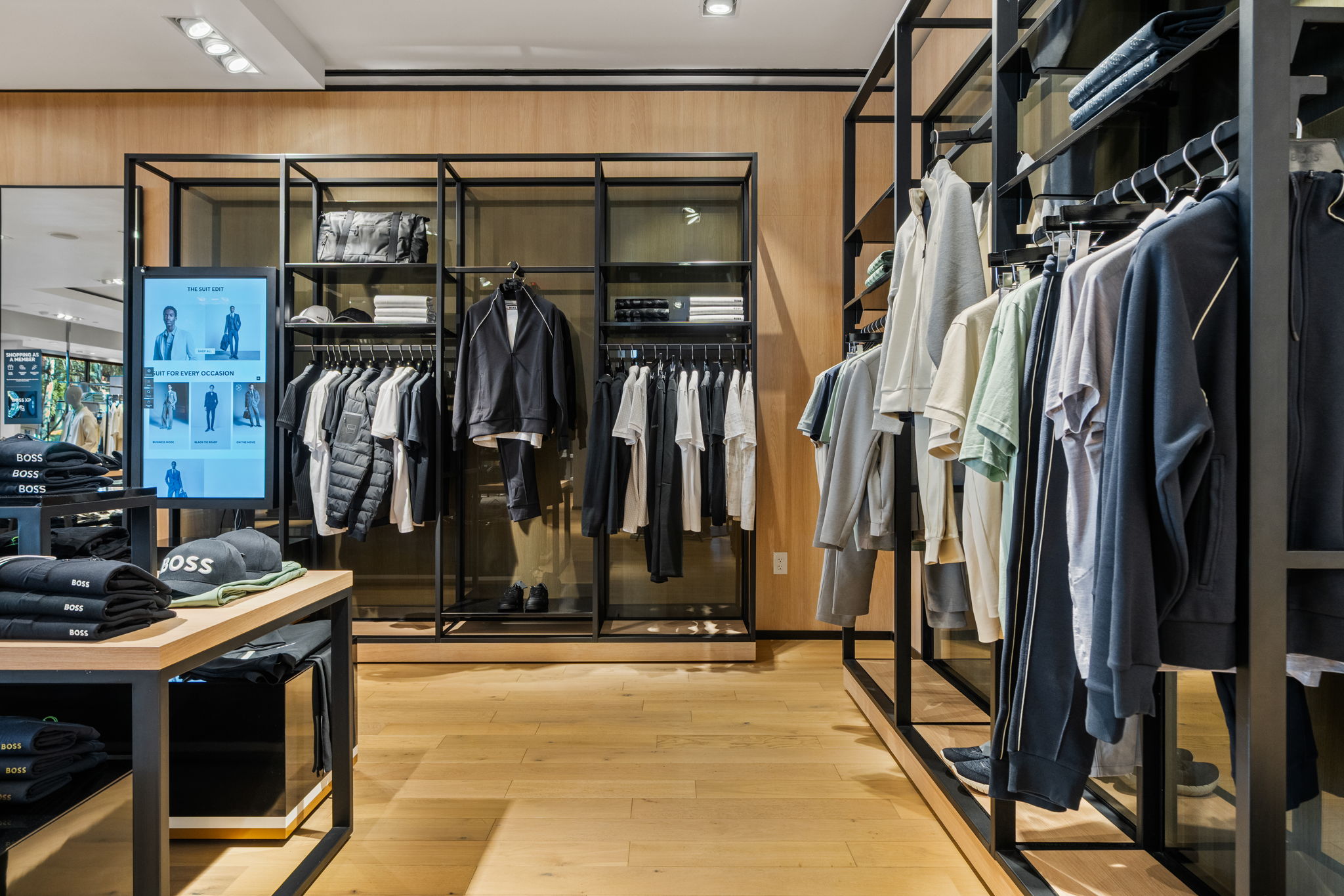 Luxury hardwood installation PID Floors Hugo Boss boutique Coral Gables high-end retail interior flooring detail