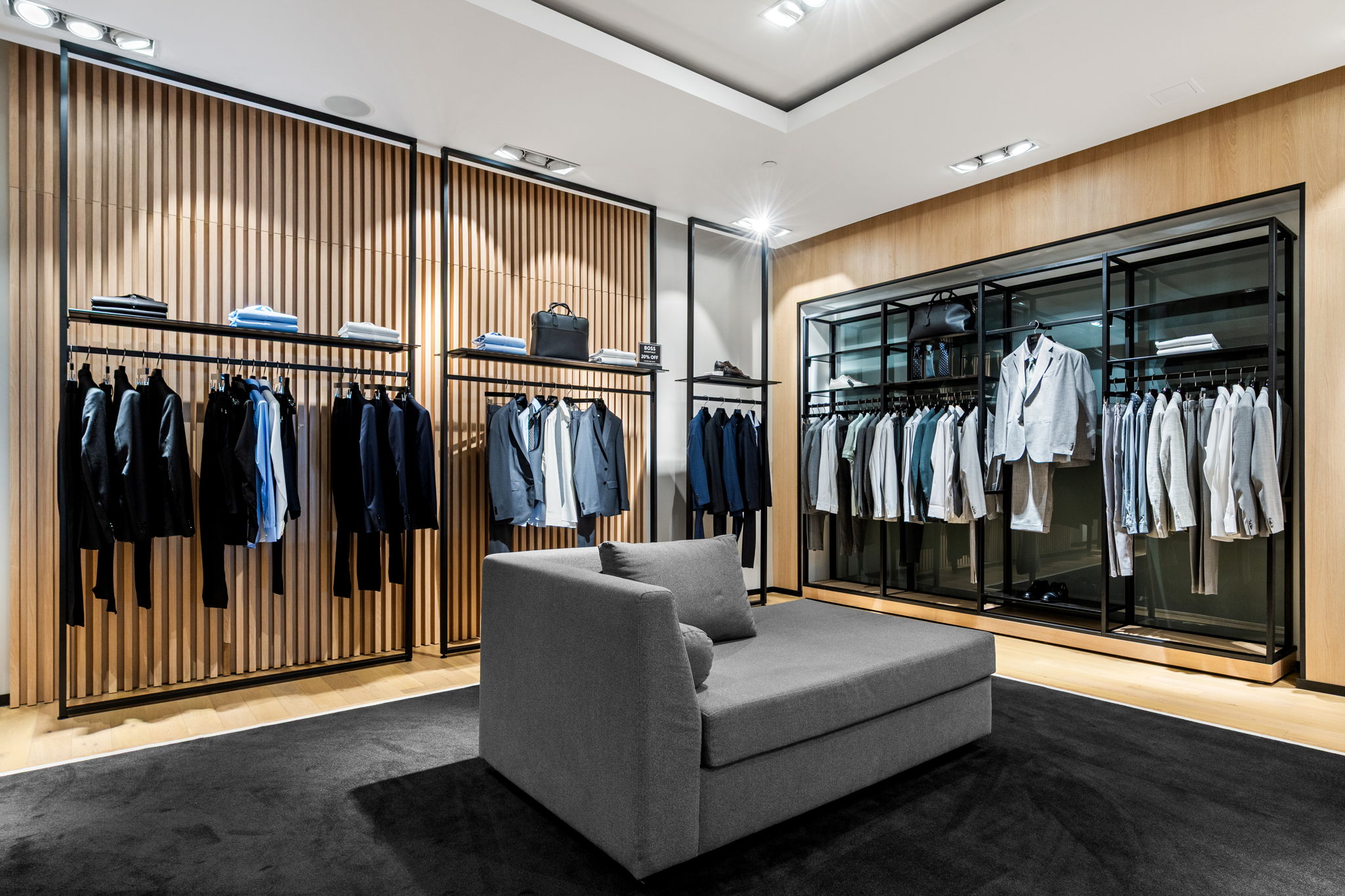 Elegant European oak flooring PID Floors Hugo Boss Coral Gables luxury retail interior concept