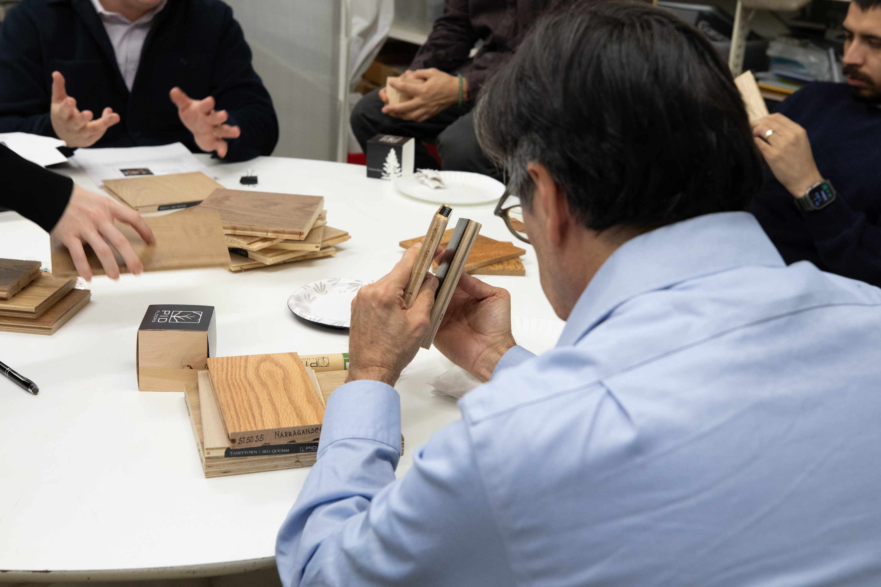 Custom hardwood flooring samples showcased at PID Floors educational event for architects and designers